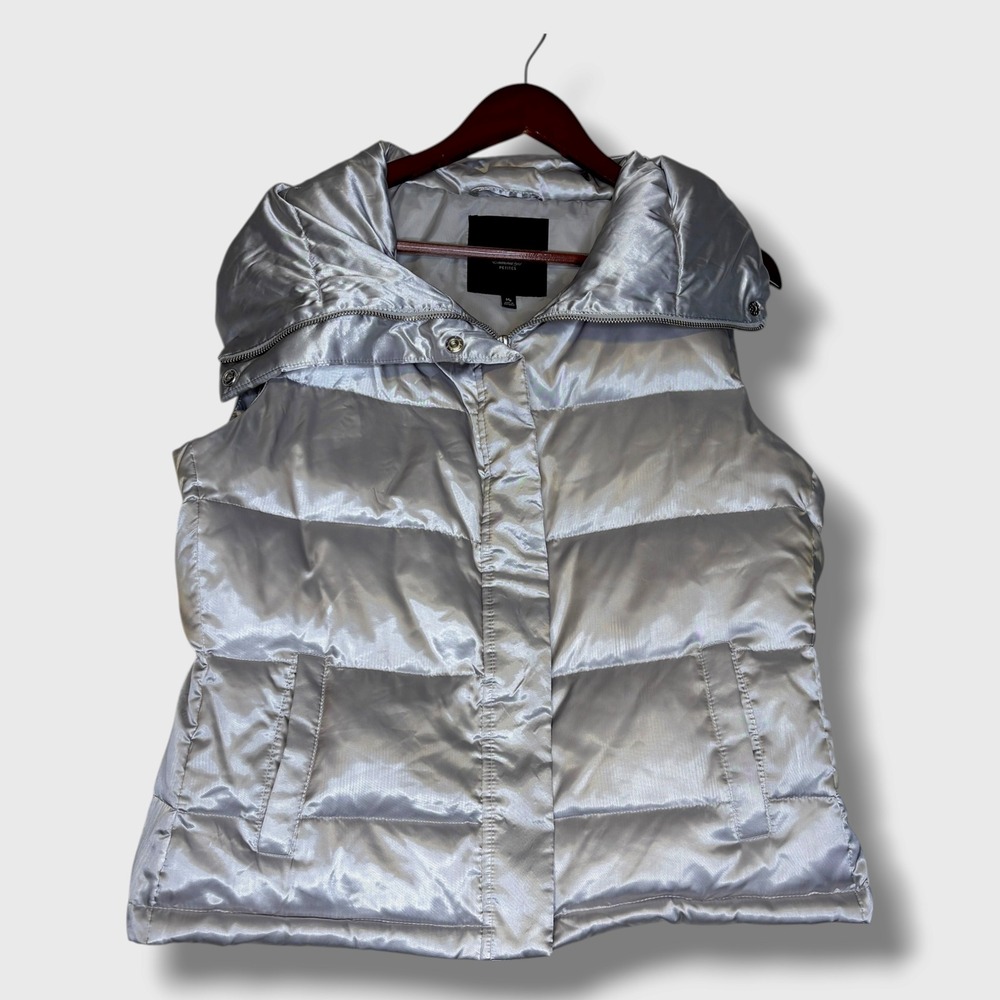 Talbots Petites Quilted Puffer Vest Size MP Silver Metallic Duck Down Blend